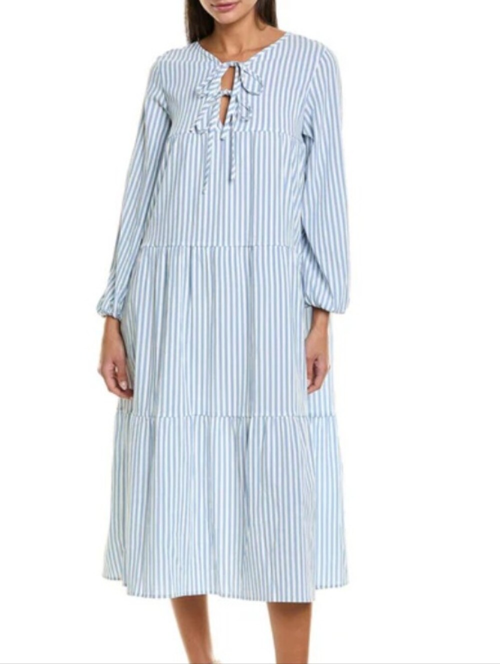 Women's Blue and White Striped Tiered Tie-Front Midi Dresss Size Small